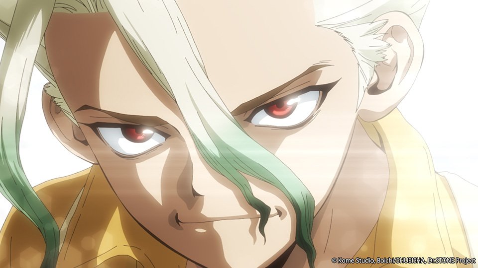 Senku na imagem oficial do anúncio de Dr. Stone Terraforming