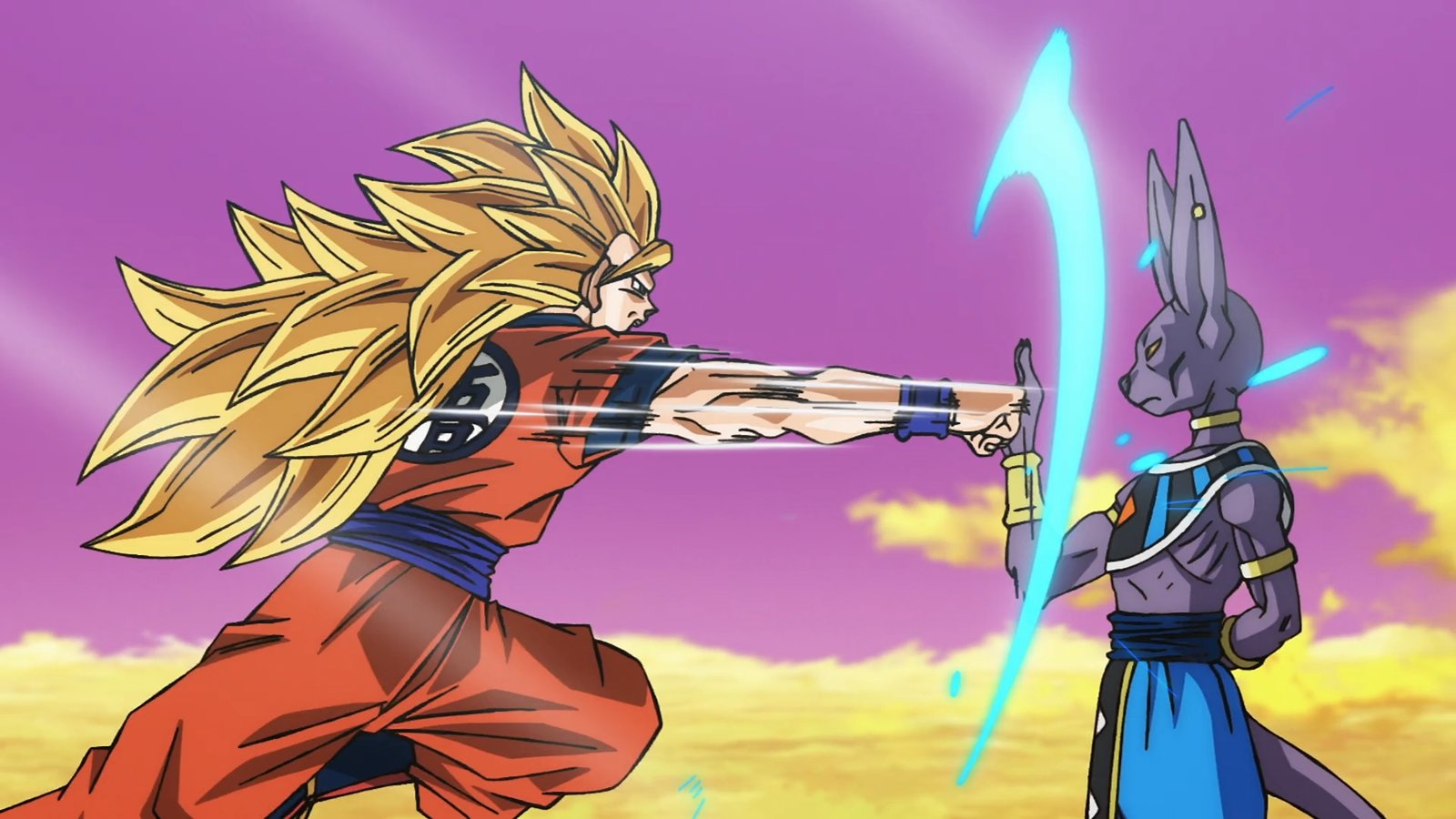 Goku Super Saiyajin 3 diante de Beerus no segundo episódio de Dragon Ball Super Beerus