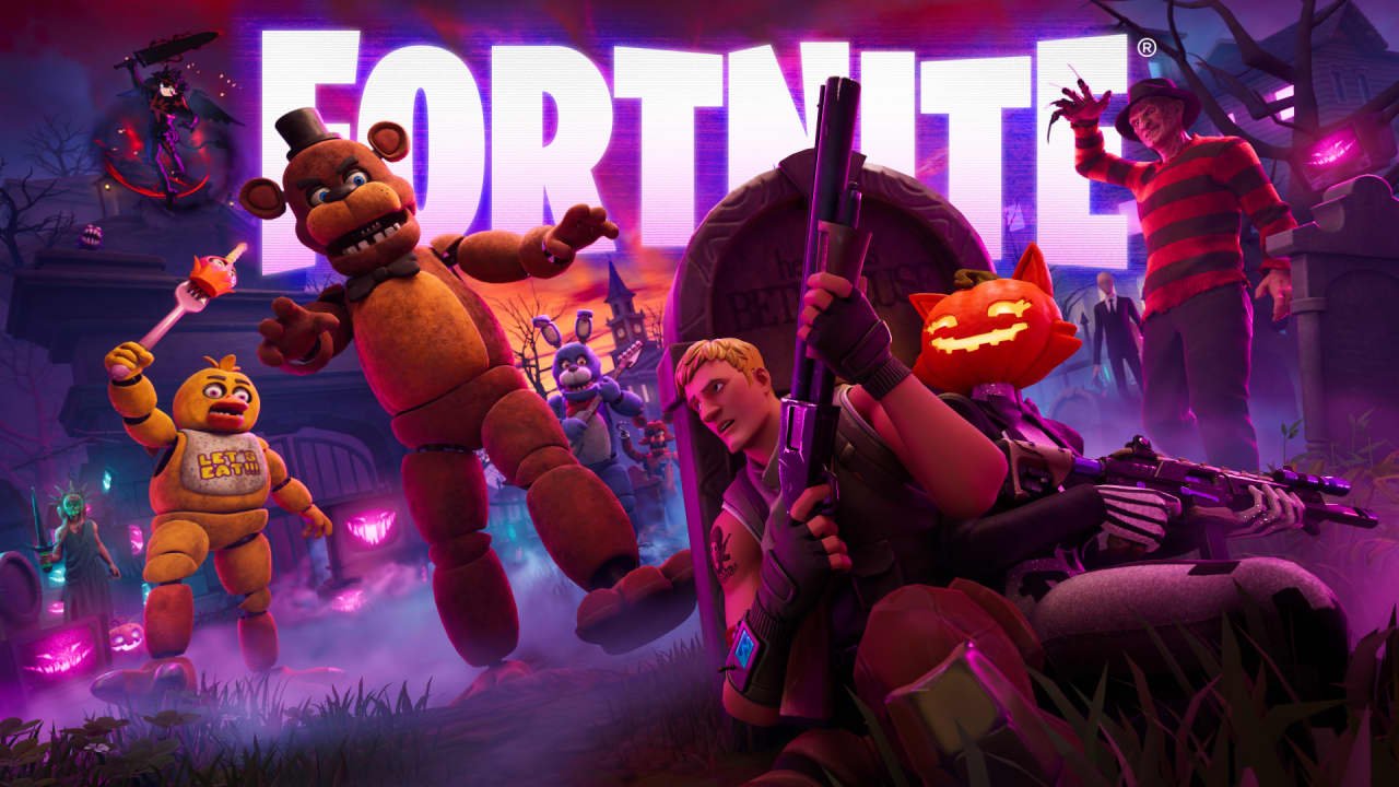 Arte oficial de Fortnite: Pesadelos 2026 com personagens de Halloween