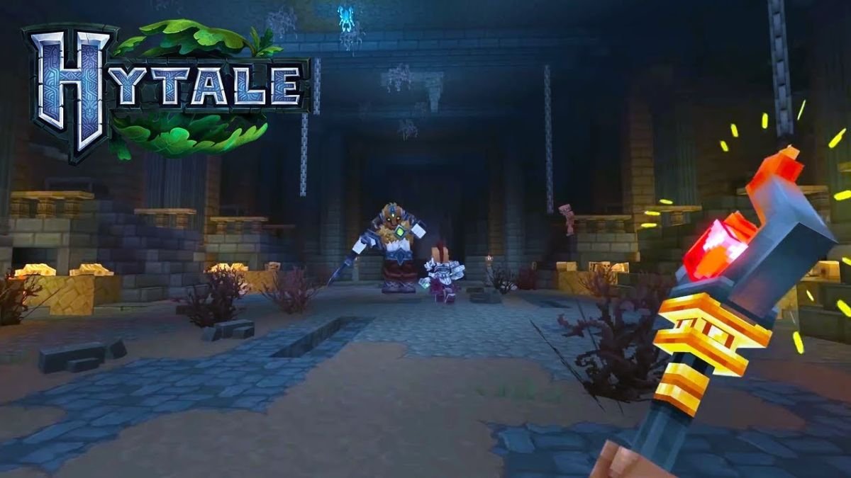Arte promocional oficial de Hytale com personagens em um mundo de blocos